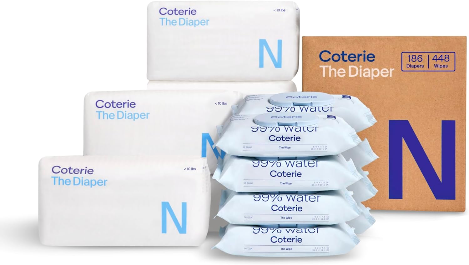 Coterie Baby Wipes + Diapers Kit, Size Newborn Diapers (186 Count) & 8 Pack (448 Count) Baby Wipes with 99% Water, Plant Based Materials, Hypoallergenic for Sensitive Skin, Baby Essentials