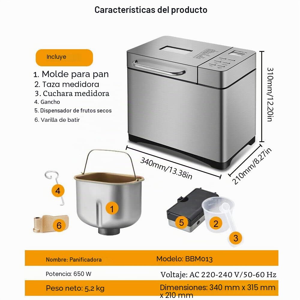 Panificadora 19 en 1, de acero inoxidable con panel táctil digital, 650 W, con caja automática de ingredientes