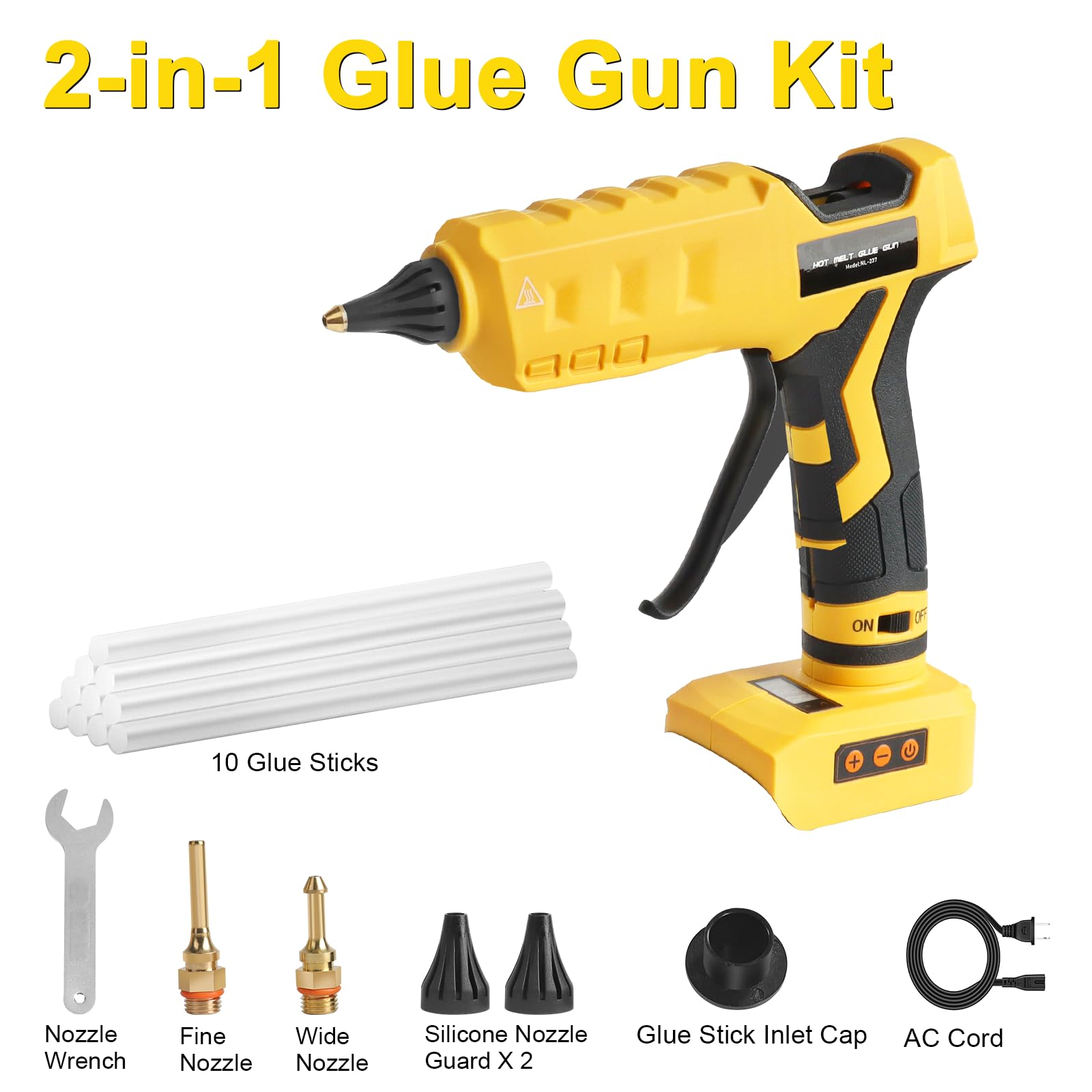 Pistolet à colle chaude 2 en 1 sans fil et filaire, compatible avec batterie Dewalt 20 V, température numérique réglable, taille complète avec 10 bâtons de colle