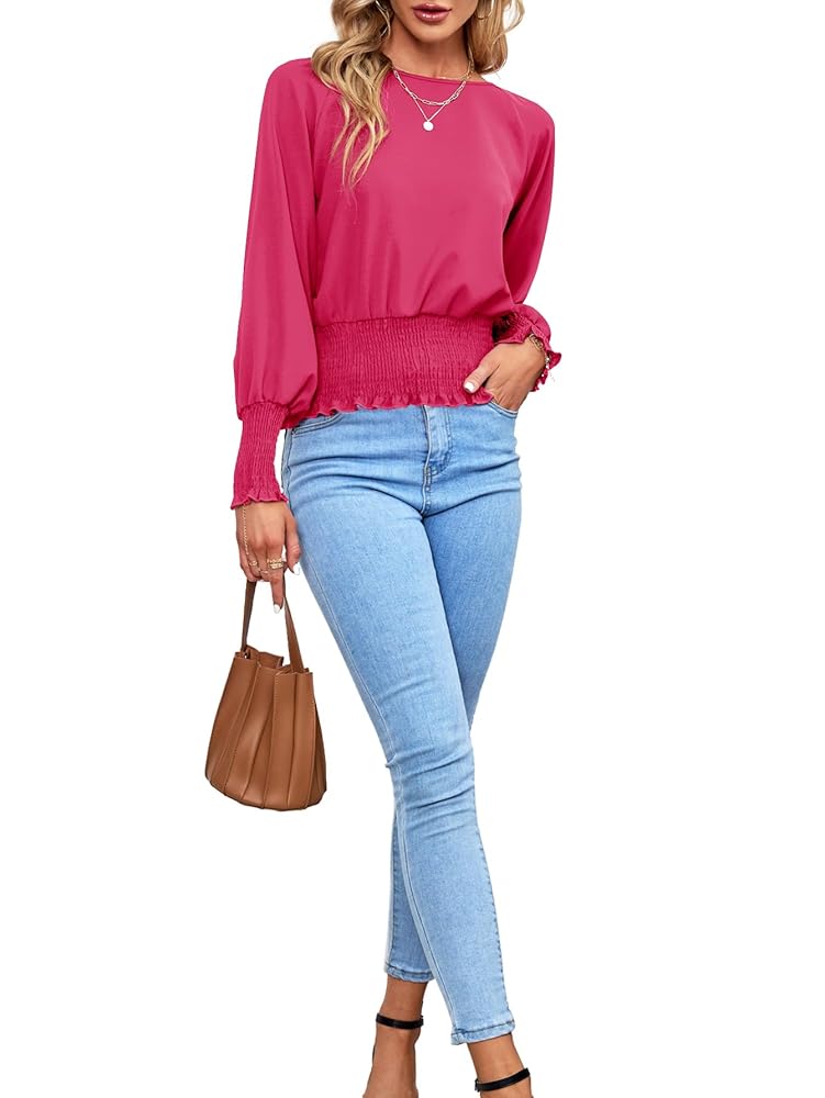 LYANER Women's Round Neck Frill Shirred Lantern Long Sleeve