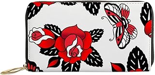 Carteiras femininas de couro genuíno tatuagem rosas borboletas sinal porta-cartão de crédito estojo com zíper organizador de embreagem de couro feminino bolsa longa viagem, Tatuagem, rosas, borboletas, 7x4.3x0.8 Inches