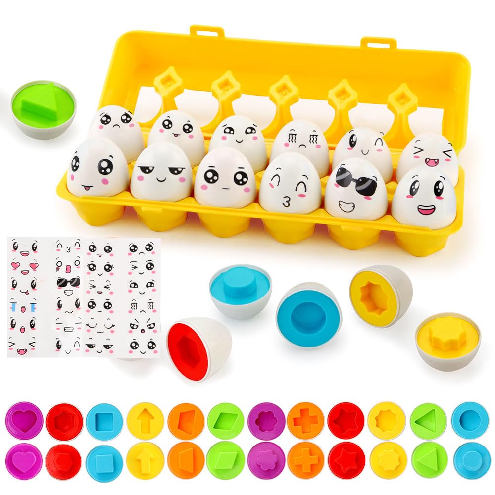 JoyGrow Huevos a juego de 12 piezas Montessori huevos juguetes de colores y formas clasificador de habilidades de rompecabezas juguetes educativos para niños y niños pequeños para Pascua Navidad Día