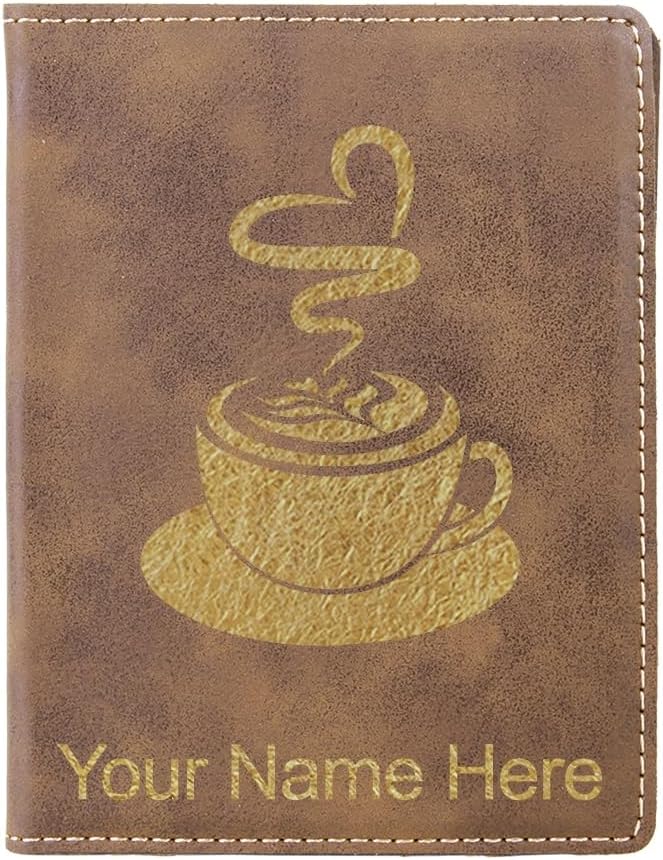 LaserGram Faux Leather Passport Holder, Cup of Coffee, Personalized Engraving Included ((Dark Brown)