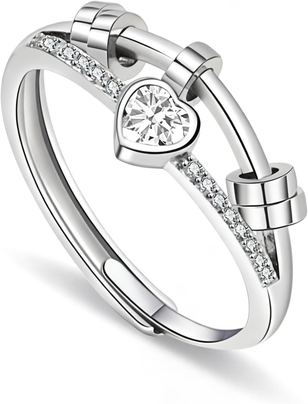 Adjustable Double-Layer Spinner Fidget Ring, Silver Anxiety Ring for Women with Cubic Zirconia, Rotatable Stress Relief Jewelry Valentine’s Day Gift for Girls and Women