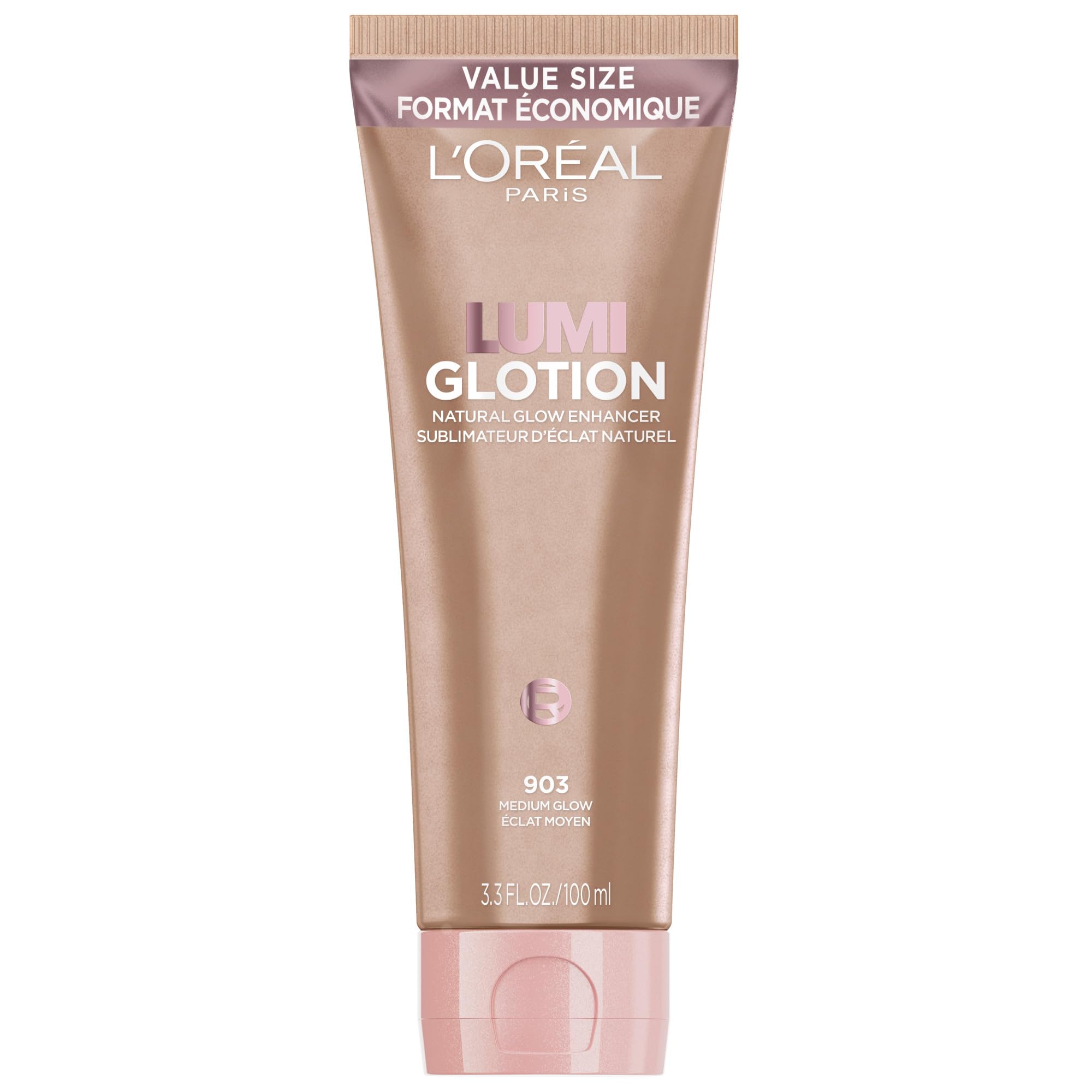 L’Oréal Paris Lumi Glotion Jumbo, Natural Glow Enhancer for Face & Body, Instantly Hydrates and Illuminates Skin, Sheer Colour Tint, Offers a Sunkissed Glow, 903 Medium, 100 mL