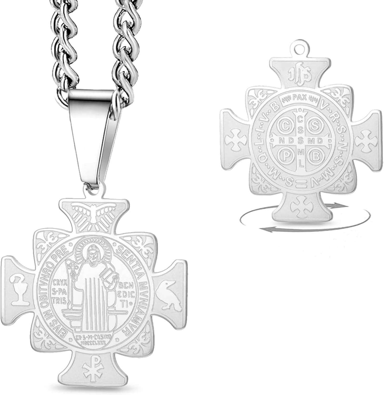 Wuufake Christian Protection Stainless Steel St Benedict Medal Crucifix Pendant Demon Exorcism Amulet Necklace Jewelry For Men Women Catholic, Silver