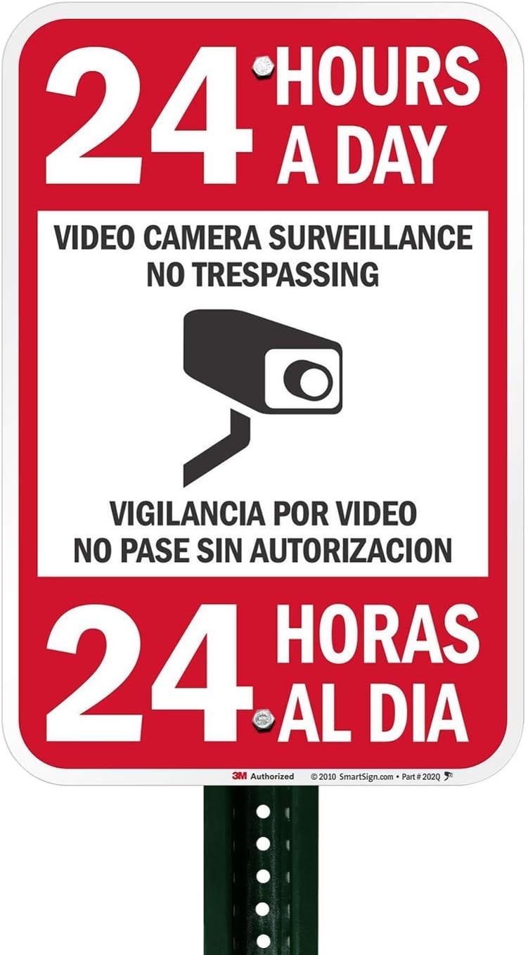 SmartSign - T1-1080-HI_12x18 24 Hours A Day Surveillance Bilingual Sign By | 12" x 18" 3M High Intensity Grade Reflective Aluminum Black/Red on White