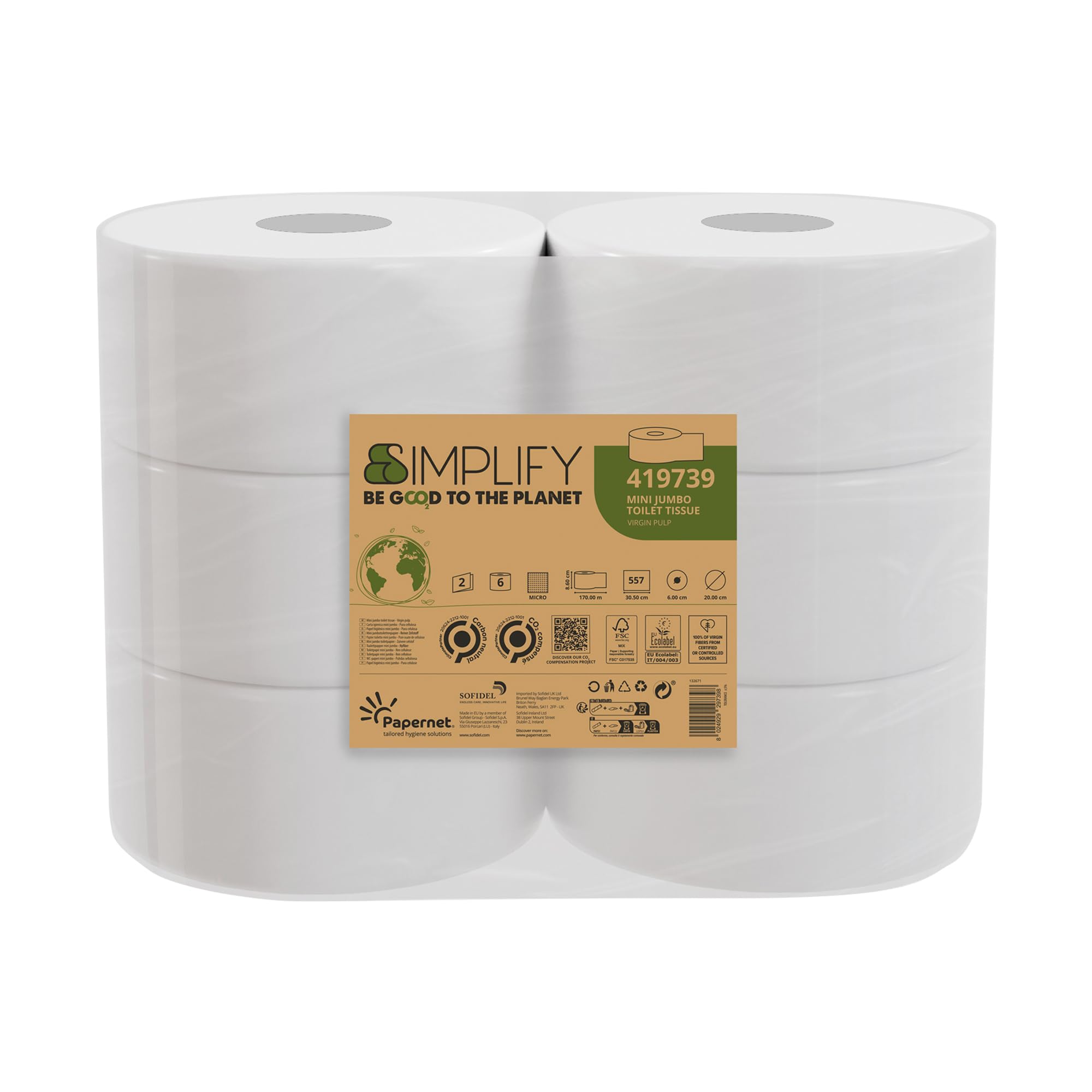 Papernet Simplify Toilettenpapier Carbon Neutral Mini Jumbo 419739, 1 Packung mit 6 Rollen aus reinem Zellstoff, je 170 m, 2-lagig, 8,6 x 30,5 cm