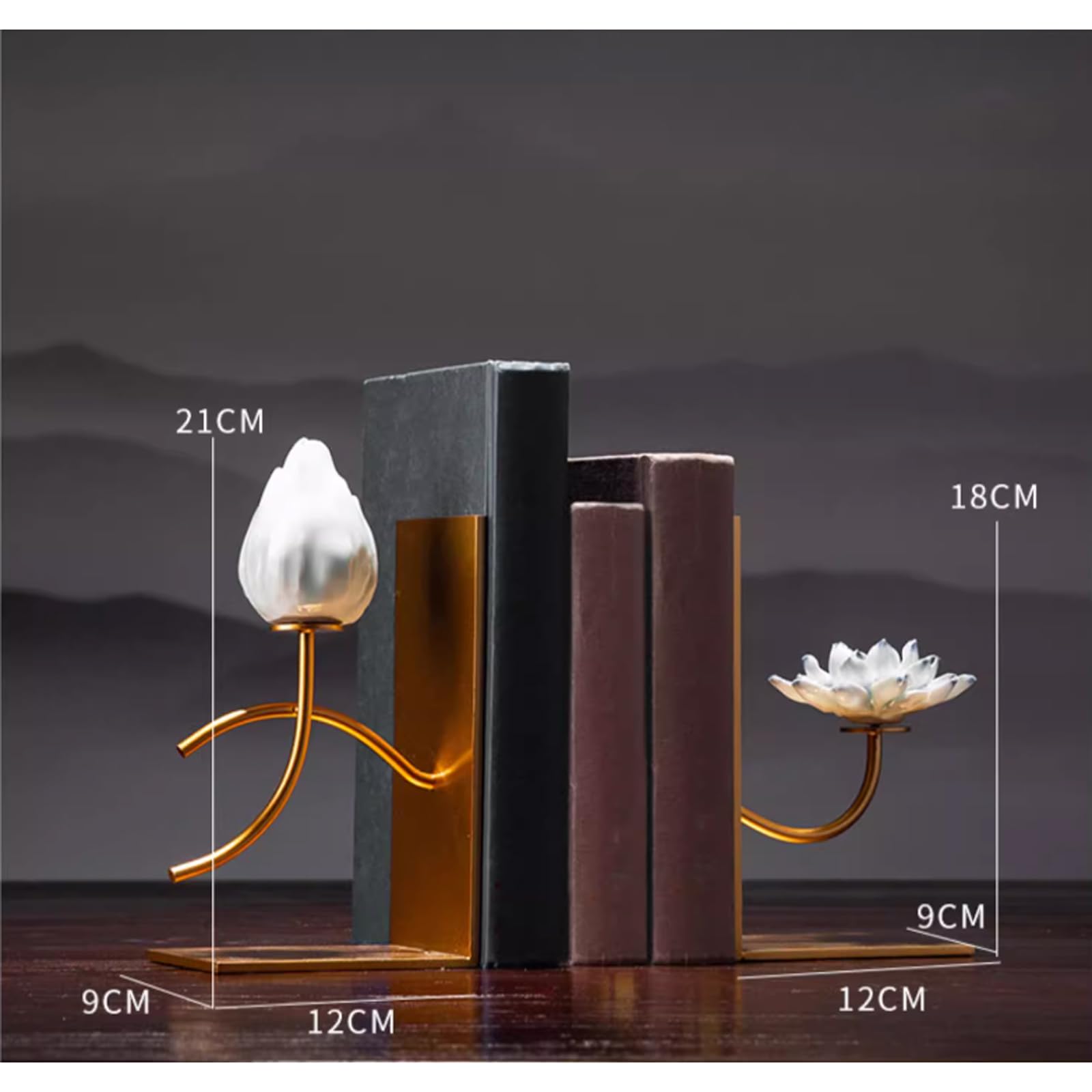 podpórka stojąca, Dekoracyjne podpórki do książek Ceramiczne Lotus Dekoracja półki na książki w kształcie litery L stylu chińskim Metalowe Wytrzymałe antyczne stopery