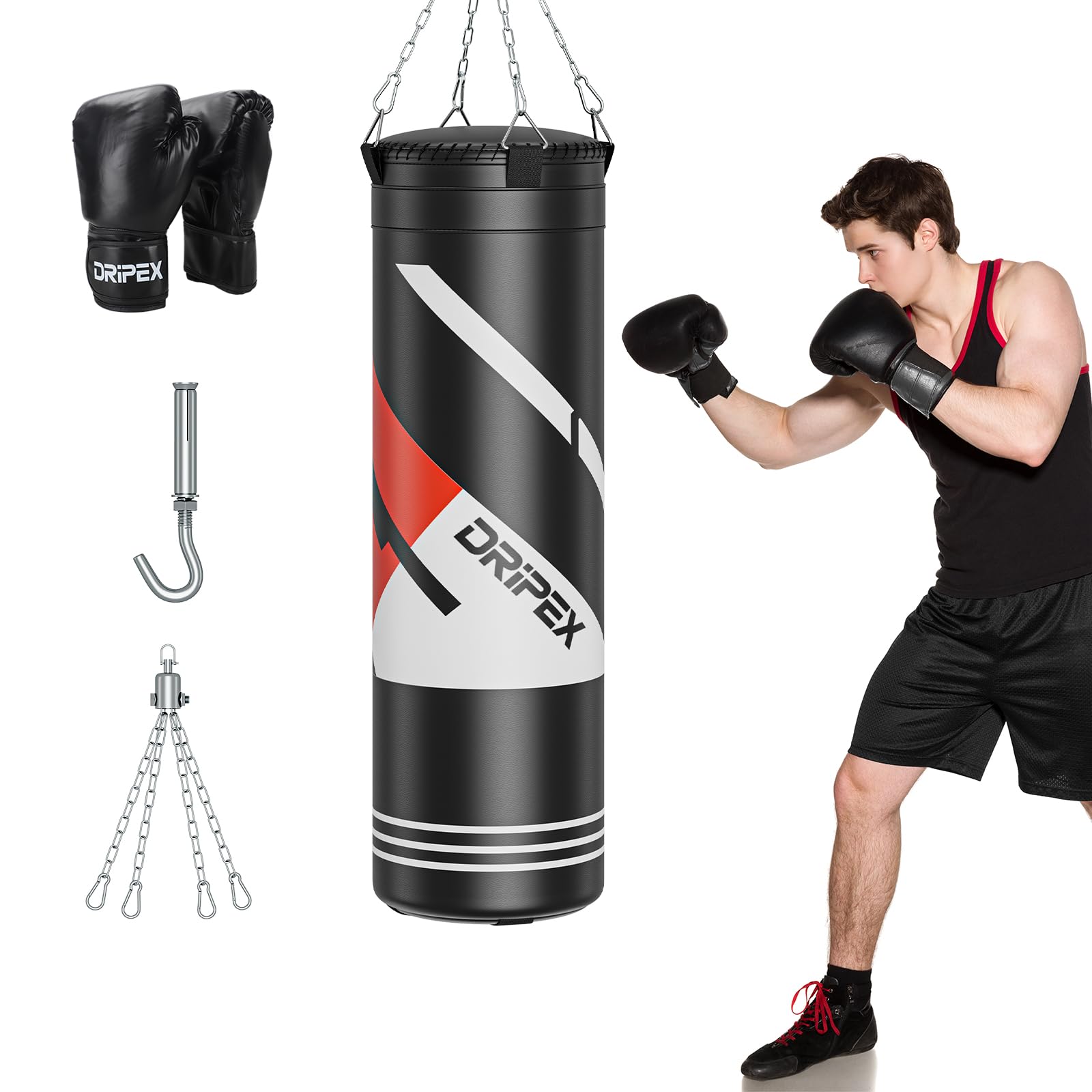 Dripex Saco de Boxeo Colgante para Adultos, Equipo de Entrenamiento de Saco Boxeo con 12oz Guantes, Cadena de Acero Giratoria de 360° para Kárate Kickboxing Muay Gimnasio en Casa