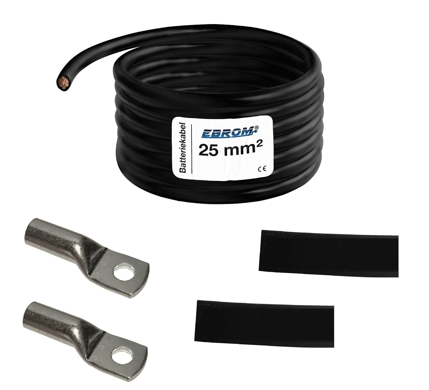 EBROM Cable de batería "DIY Set" negativo cable negro – 25 mm² de cobre completo OFC, de 30 cm a 10 metros, terminales de cable anulares M6/M8/M10/M12 combinables, (25 mm2) cable de masa para coche