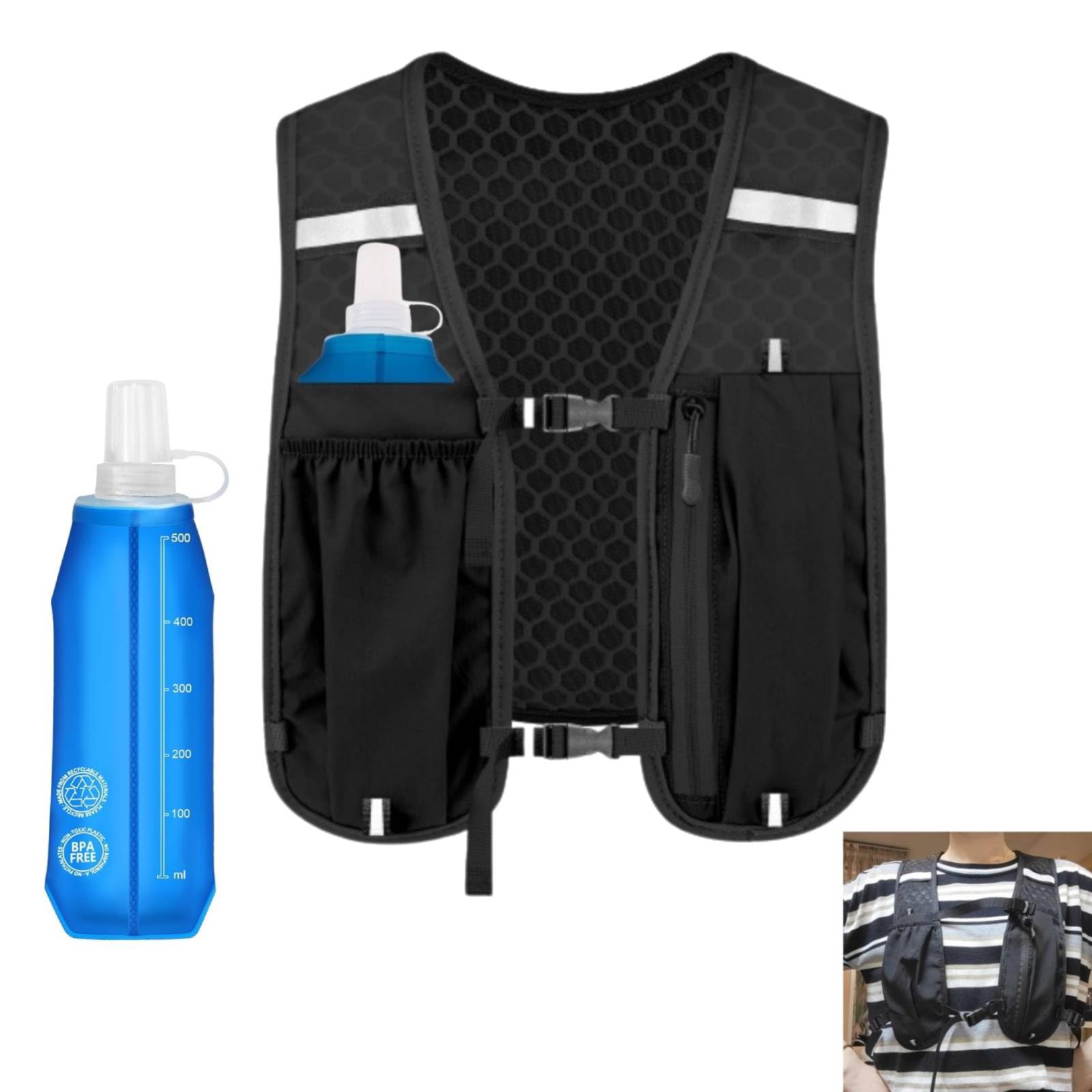 Gilet de course pour homme et femme - Gilet de course avec gourde de 500ml - Réfléchissant - Avec support pour téléphone portable - Gilet d'hydratation pour la course à pied - Pour cyclisme, randonnée - 1