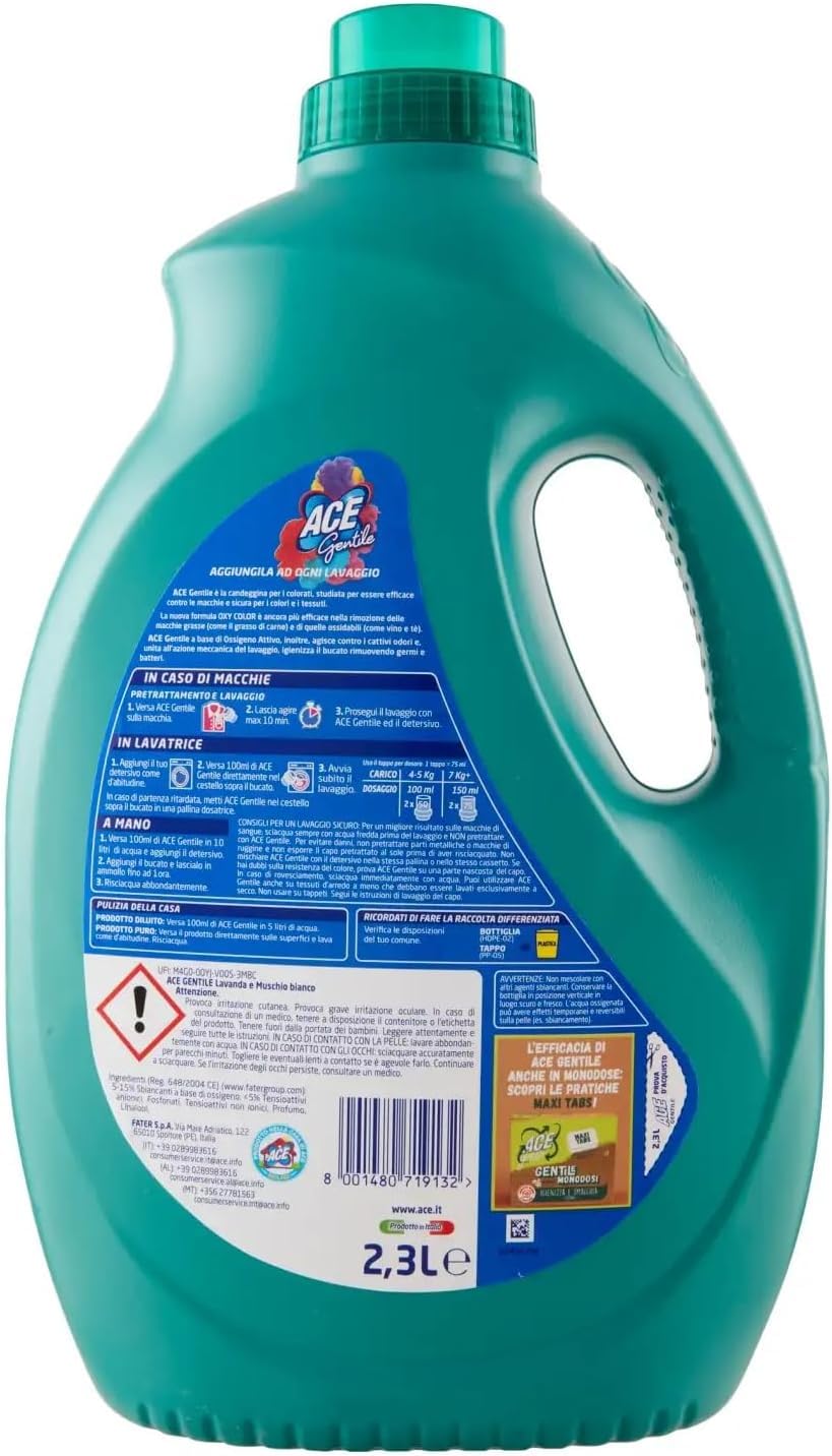 6 x Ace Gentile Candeggina per Colorati, candeggina per colori, lavanda e muschio bianco, efficace contro le macchie, 2300 ml + portachiavi Beni Culinari gratuito