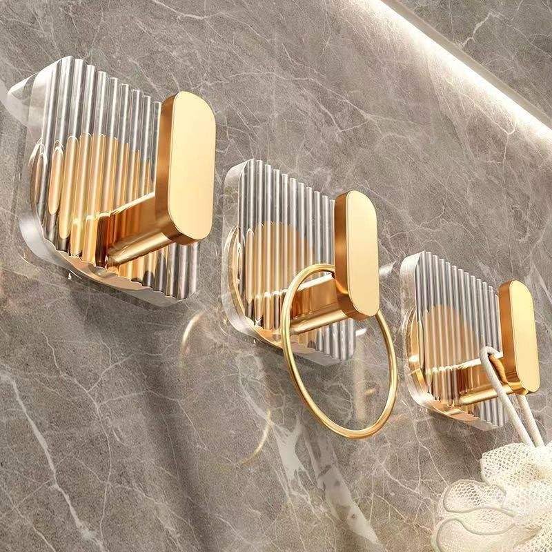 Image of LEAWALL Heavy Duty Adhesive Wall Hook, Waterproof Golden Self Adhesive Hook for Bathroom & Kitchen, Hook Hanger for Towels, Bags, Keys & Accessories, No Drill Wall Hook Set (4 Pcs)