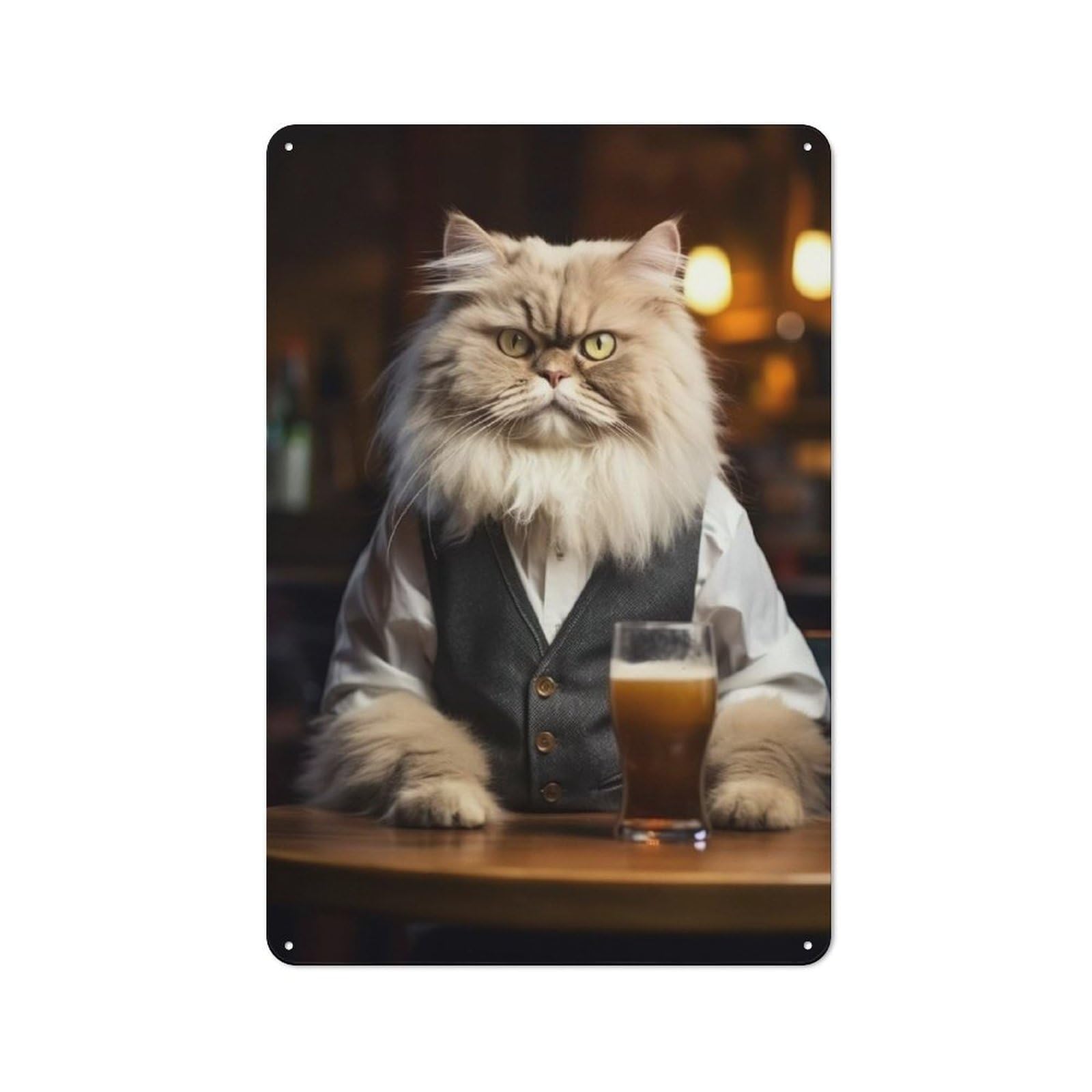 Junmoney Persian Cat In The Pub Retro Metal Plaque 30X20cm Featuring Bistro Wall Plaque For Bakery, Diner, Cafe Or Family Room