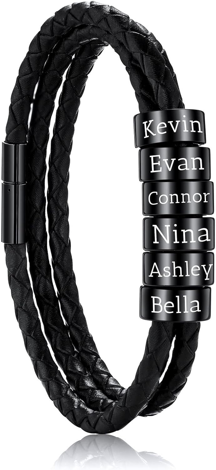 Custom 2-6 Names Bracelets for Men Braided Leather Bracelet with Names Beads Mens Leather Bracelets Customized Men Bracelets Jewelry Gift for Dad Boyfriend Husband Grandfather