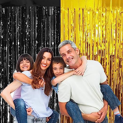 Image of 6 Pieces Foil Fringe Tinsel Party Curtains for Photo Backdrop (GOLD-BLACK) | Fringe Curtains for Decoration | Black and Gold Theme Birthday Decoration | Wedding Anniversary Decoration