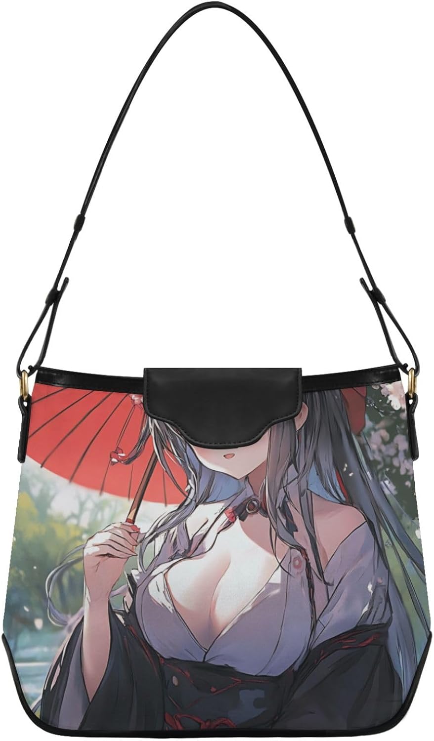 Anime Woman Umbrella Hobo Bag for Women, Large Capacity Shoulder Tote with Magnetic Snap Closure, Soft Polyester & PU Leather Satchel Handbag with Removable Strap for Work Travel Daily Use