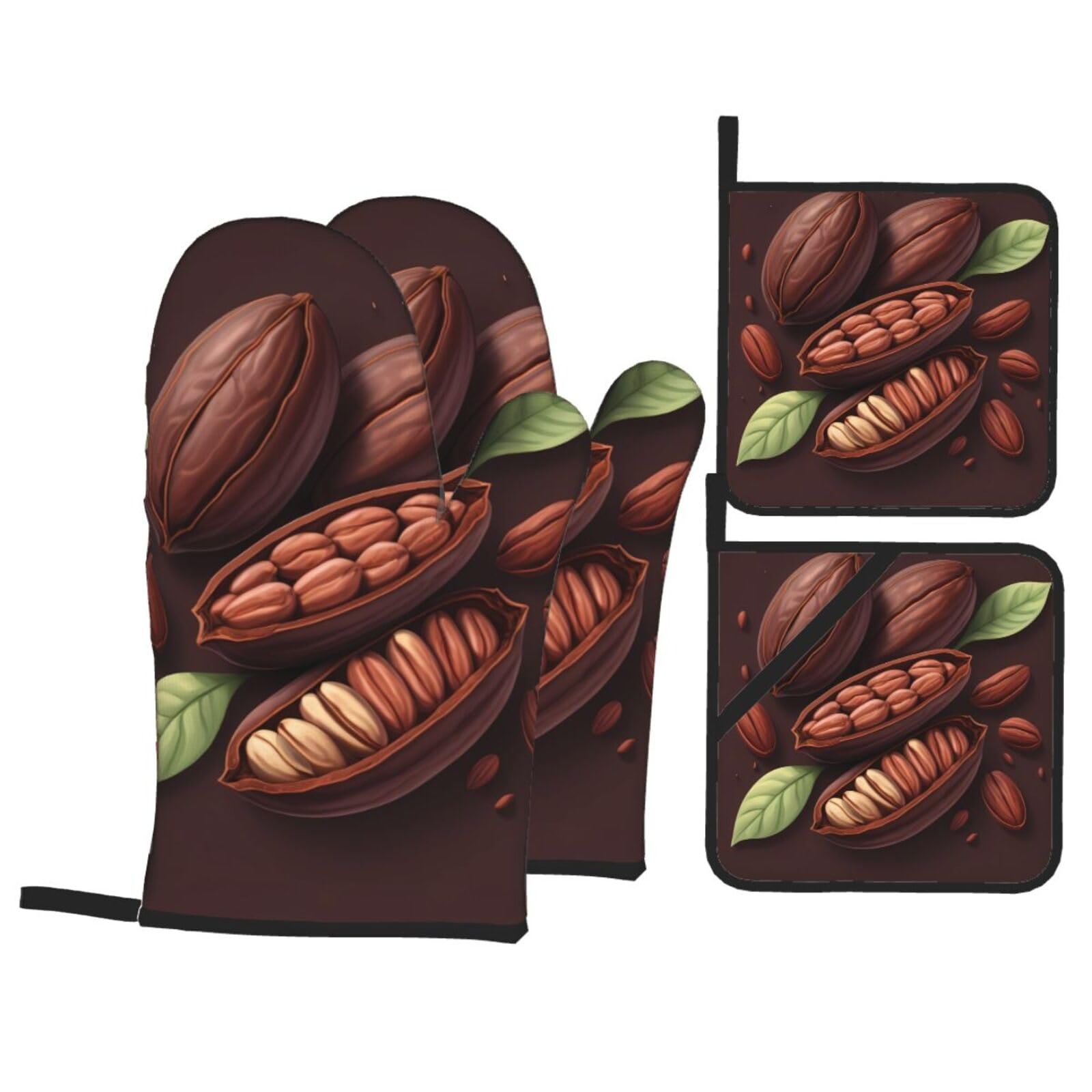 HJFCZH Fragrant Cocoa Beans Picture Kitchen Baking Set of 4 Thick Insulated Oven Mitt & Pot Holders, Anti-Scalding for Microwave, Oven, Outdoor BBQ