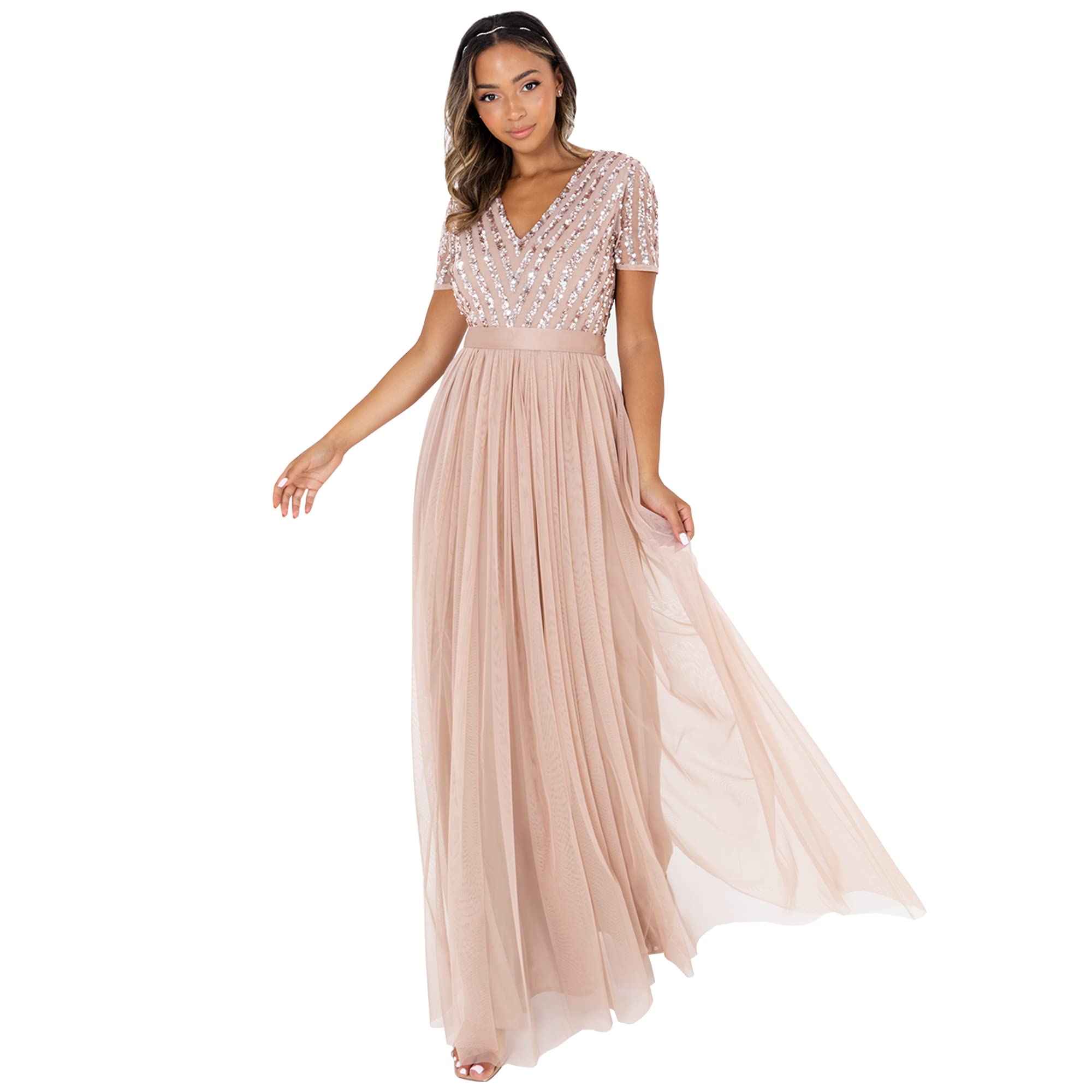 Maya Deluxe Damen Maya Deluxe Women's Maxi Ladies V-neck Plus Size Ball Gown Short Sleeves Long Elega Bridesmaid Dress, Taupe Blush, 44 EU Fashion