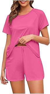 Conjunto de pijama de verano de dos piezas para mujer, manga corta, cuello redondo, pantalones cortos, color sólido, suave, cómodo, casual, 2 piezas
