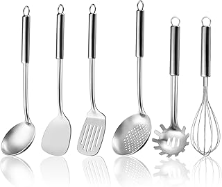 Ustensiles de Cuisine, Gymdin 6 Pièces Ustensiles de Cuisine inox avec manche suspendu, spatule, tourneuse, louche à soupe, cuillère à fente, fouet, serveur de pâtes, lavable au lave-vaisselle