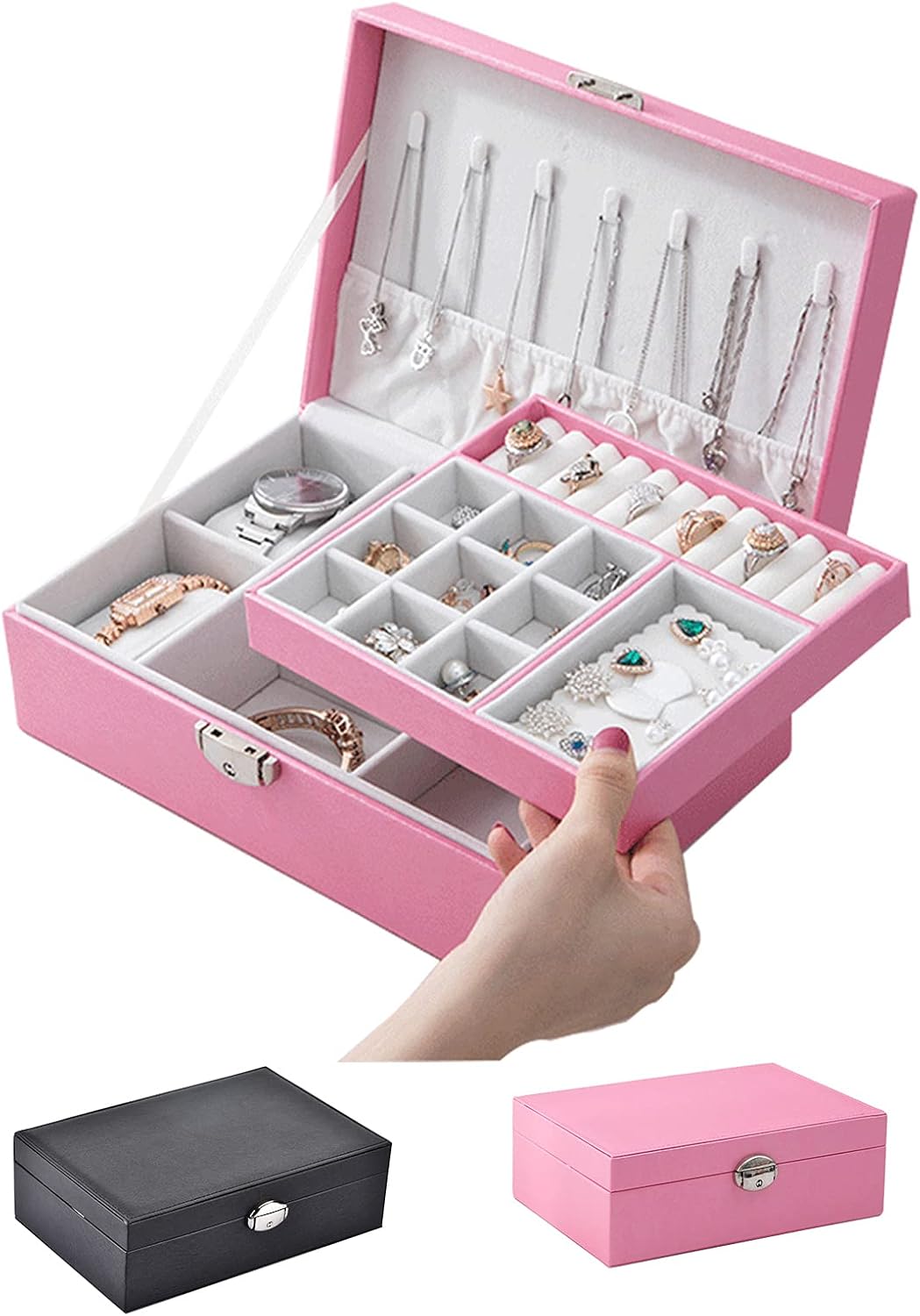 PUFIER Two Layer Senior Flannel Jewelry Organizer with 2 Watch Case Jewelry Box Waterproof Leather Jewelry Storage Case Necklace Rings Earings Display Holder for Women Girls gift: Home Improvement