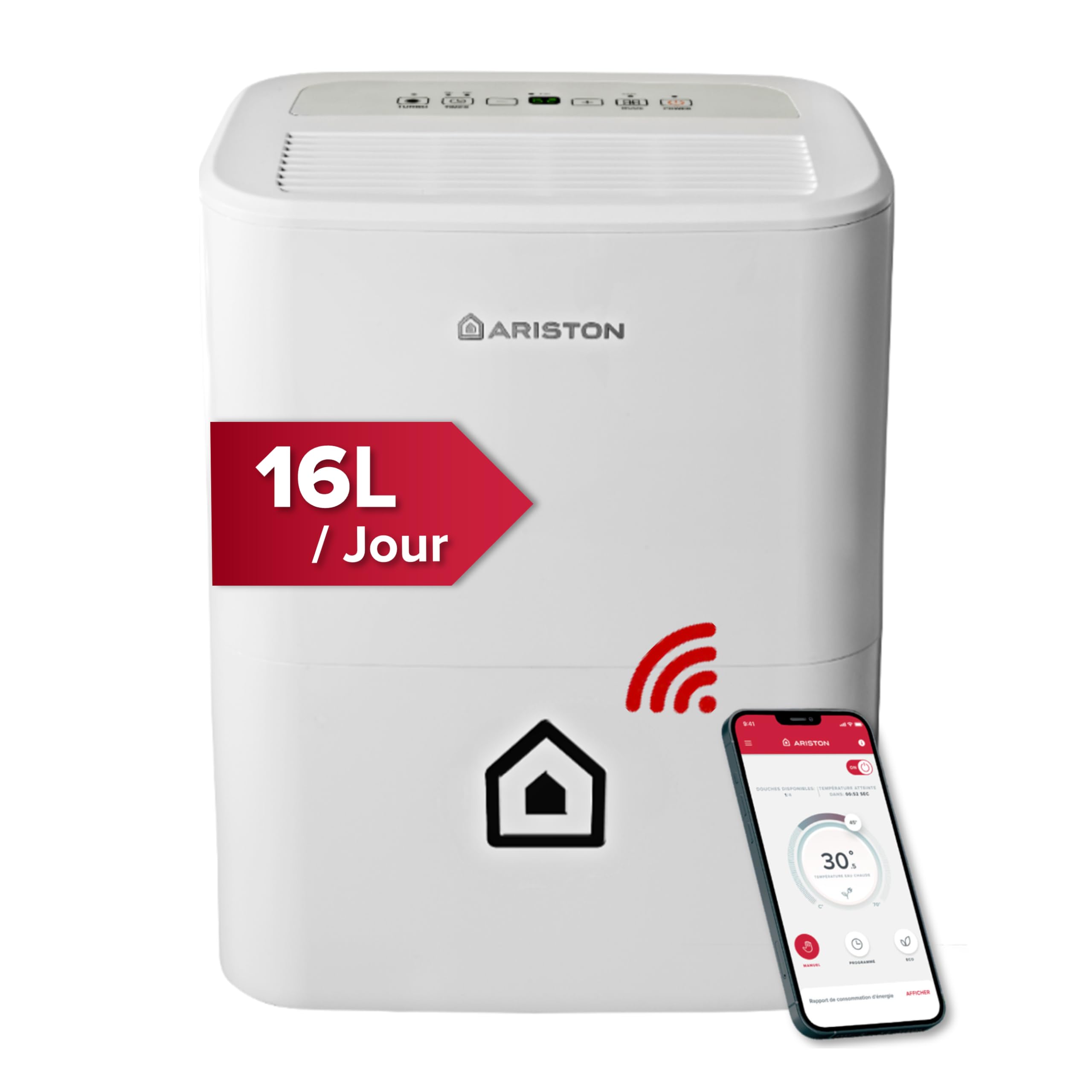 Ariston - Deshumidificador Silencioso Bajo Consumo Portátil Wifi, 16L/día + Depósito de 3L - Deshumidificadores de Humedad 30/44 m², ‎24,5x35x51 cm - Dehumidifier Fabricado para Instalación en España