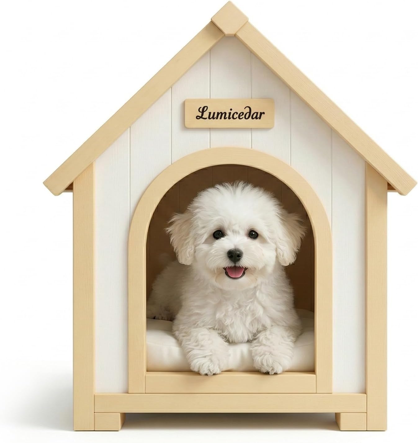 FSC Certified Cedar Wood Dog House Indoor, A-Frame Wood Dog House for Small Dogs & Cats, with Plush Cushion, Non-Toxic Water-Based Coating, Easy Assembly(21.7" L x 23.6" W x 27.6" H)