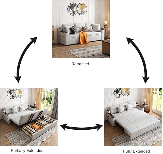 homary Sleeper Sofa King Size Pull Out Sofa Bed 83, 3-Seater Convertible Couch with Storage, USB Ports & Trundle, Modern Linen Sofa for Living Room Apartment (Light Gray)