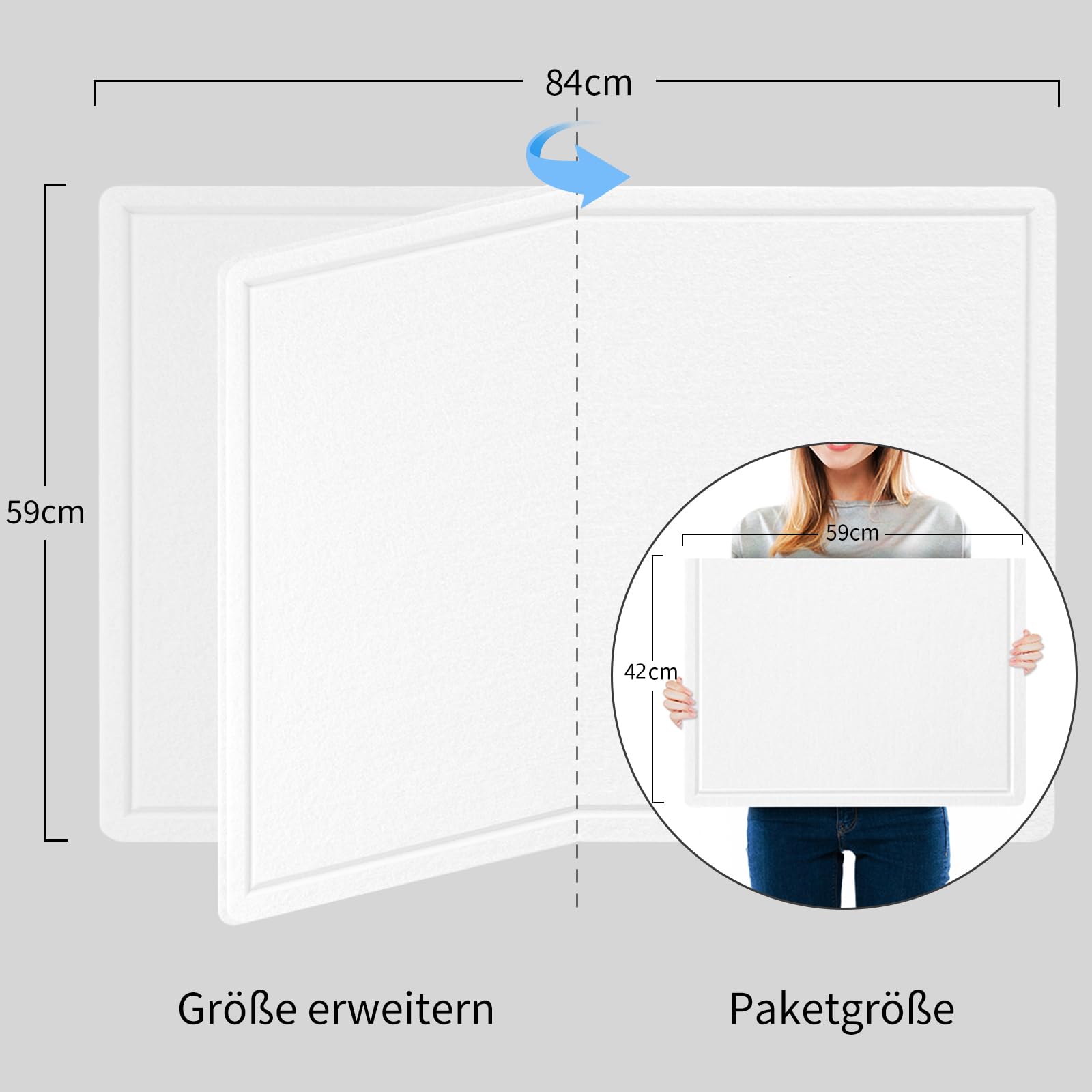 Lightomorrow Tablón de anuncios, 84 x 59 cm, tabla de fieltro – alternativa decorativa a la pared, tablero plegable con tabla de oración autoadhesiva y 20 agujas – blanco