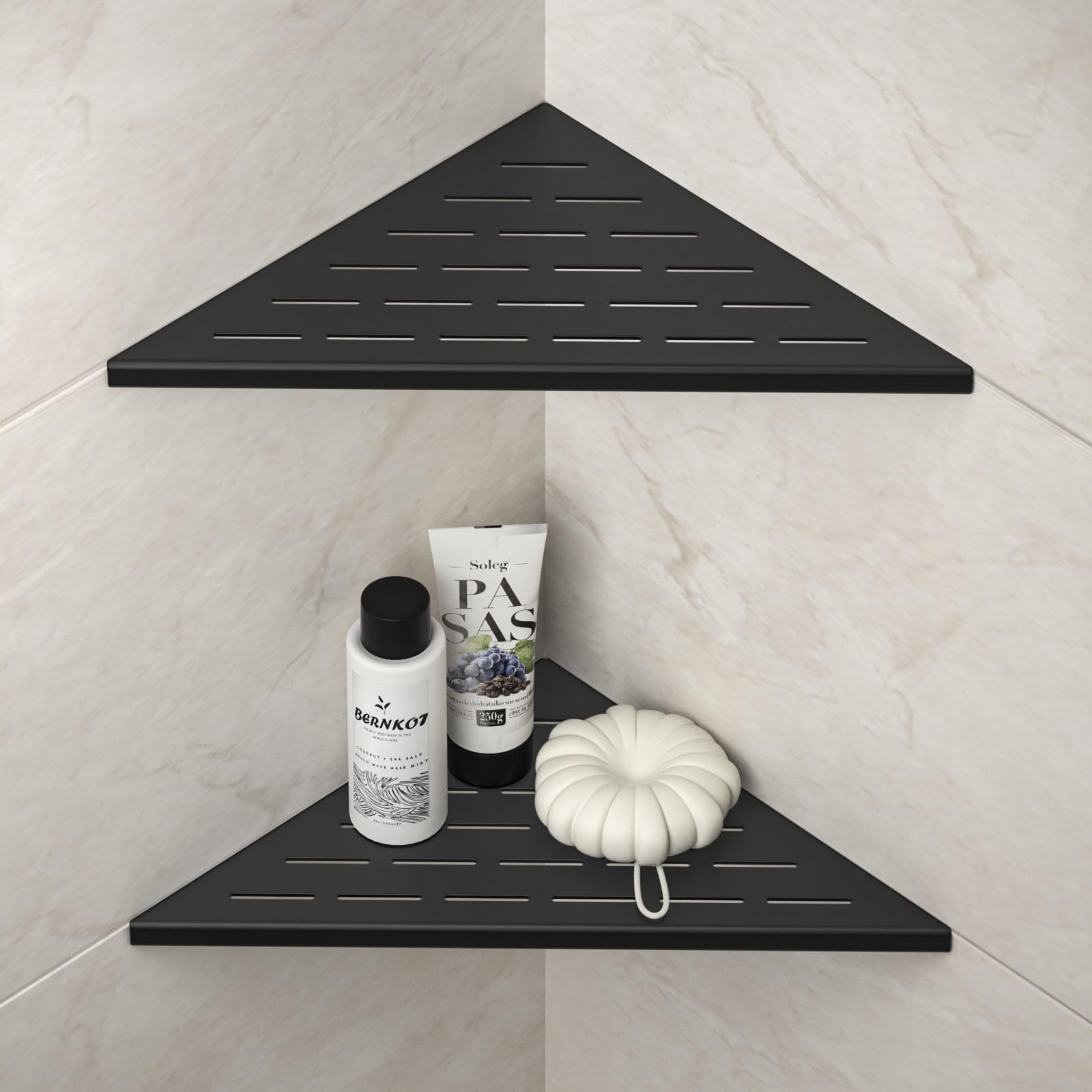 Bernkot Corner Shower Shelf, 12" Matte Black 304 Stainless Steel Slot Design Recessed Corner Shelves 2 Pack Bathroom Grout in Shelf for Tiled Wall,