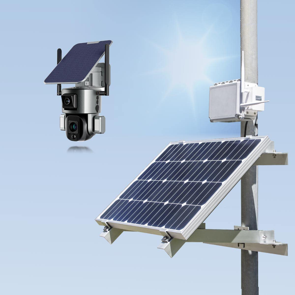 Kit vidéosurveillance 3G 4G autonome solaire waterproof avec une double caméra pilotable solaire Wifi Ultra HD 4K Zoom X20 autotracking IR détection de mouvement alarme et sirène microSD 128 Go