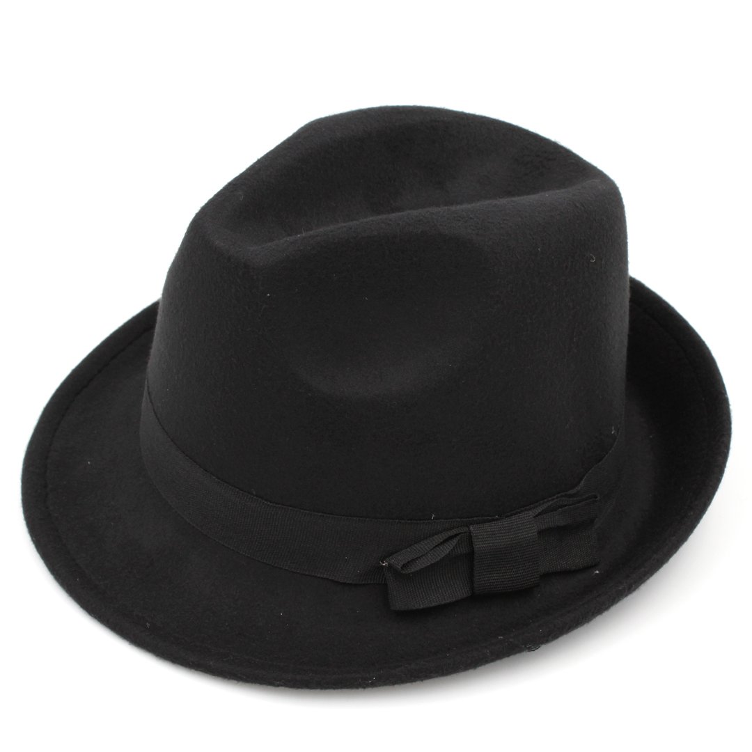 Ynnolove Fedora Hats for Women Men Roll-up Short Brim Trilby Gangster Jazz Cap with Black Ribbon Band (Black)