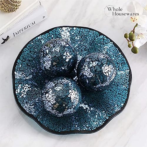 Whole Housewares | 11.5" Glass Mosaic Decorative Centerpiece Tray | Home Décor Centerpiece Bowl | Bowl With 3Pcs 3.75" Mosaic Decorative Balls Turquoise Decor #TOP2