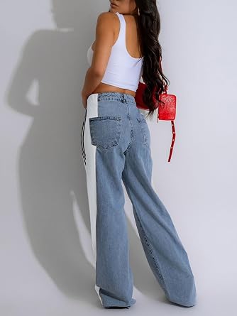 knowfashionstyle Womens Jeans Patchwork Straight Leg Jean Concert Outfit | High Waisted Fun Striped Pants Women,Color Block Denim Outfit,Loose Fun Going Out Pants,Cute Colored Jeans