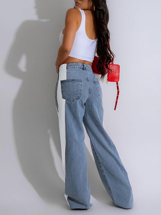 knowfashionstyle Womens Jeans Patchwork Straight Leg Jean Concert Outfit | High Waisted Fun Striped Pants Women,Color Block Denim Outfit,Loose Fun Going Out Pants,Cute Colored Jeans