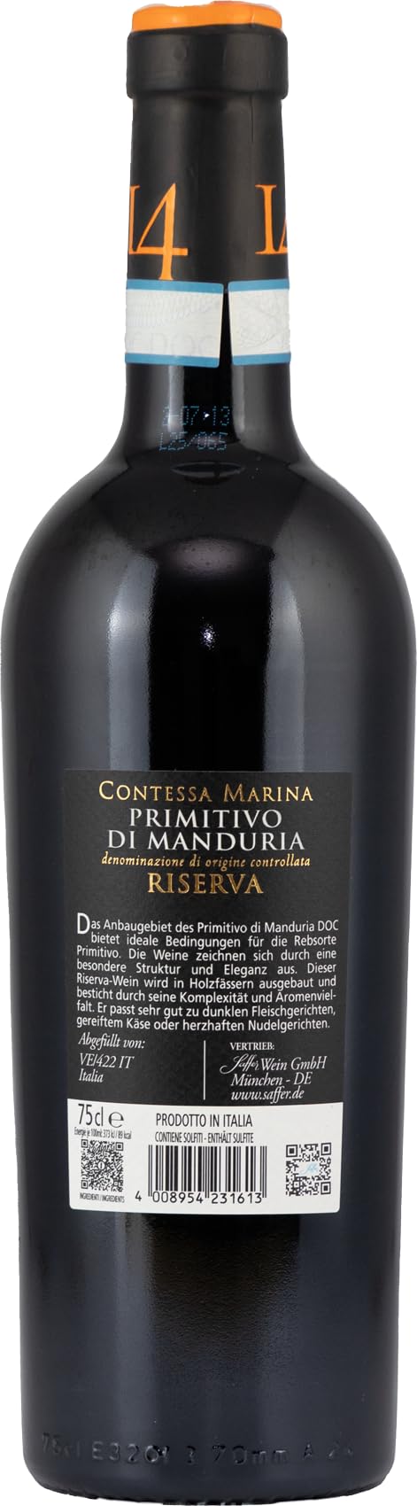 Primitivo di Manduria DOC Riserva 14 Contessa Marina Apulien Rotwein halbtrocken (6 x 0.75 l)