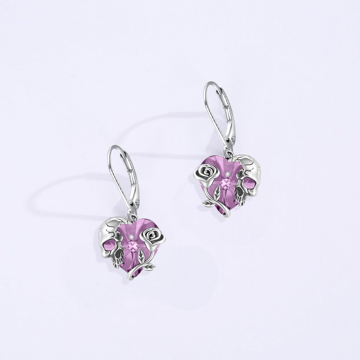 Rose Skull Earrings S925 Sterling Silver Heart Crystal Birthstone Dangle Drop Earrings Hypoallergenic Gothic Skull Leverback JJewelry Gift for Mom Daughter Wife - Image 3