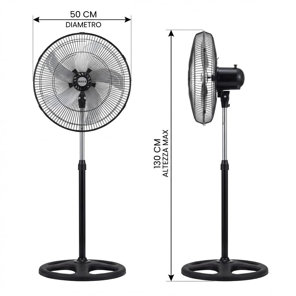 MAKA Ventilatore a Piantana Potente, Ventilatore Metallo 5 Pale, 75W, Basso Consumo, Oscillazione Orizzontale, Ventilatore da Terra Industriale Diametro 50cm, Regolabile Altezza Max 130 cm 3 Velocità