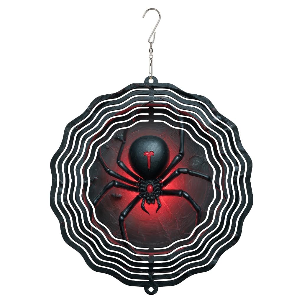 Spider Wind Spinner, Halloween Gothic Web Red Accents Halloween Black Metal 3D Outdoor Wind Sculptures Ornaments Gifts for Garden Porch Lawn Patio Party Decor 12 Inch
