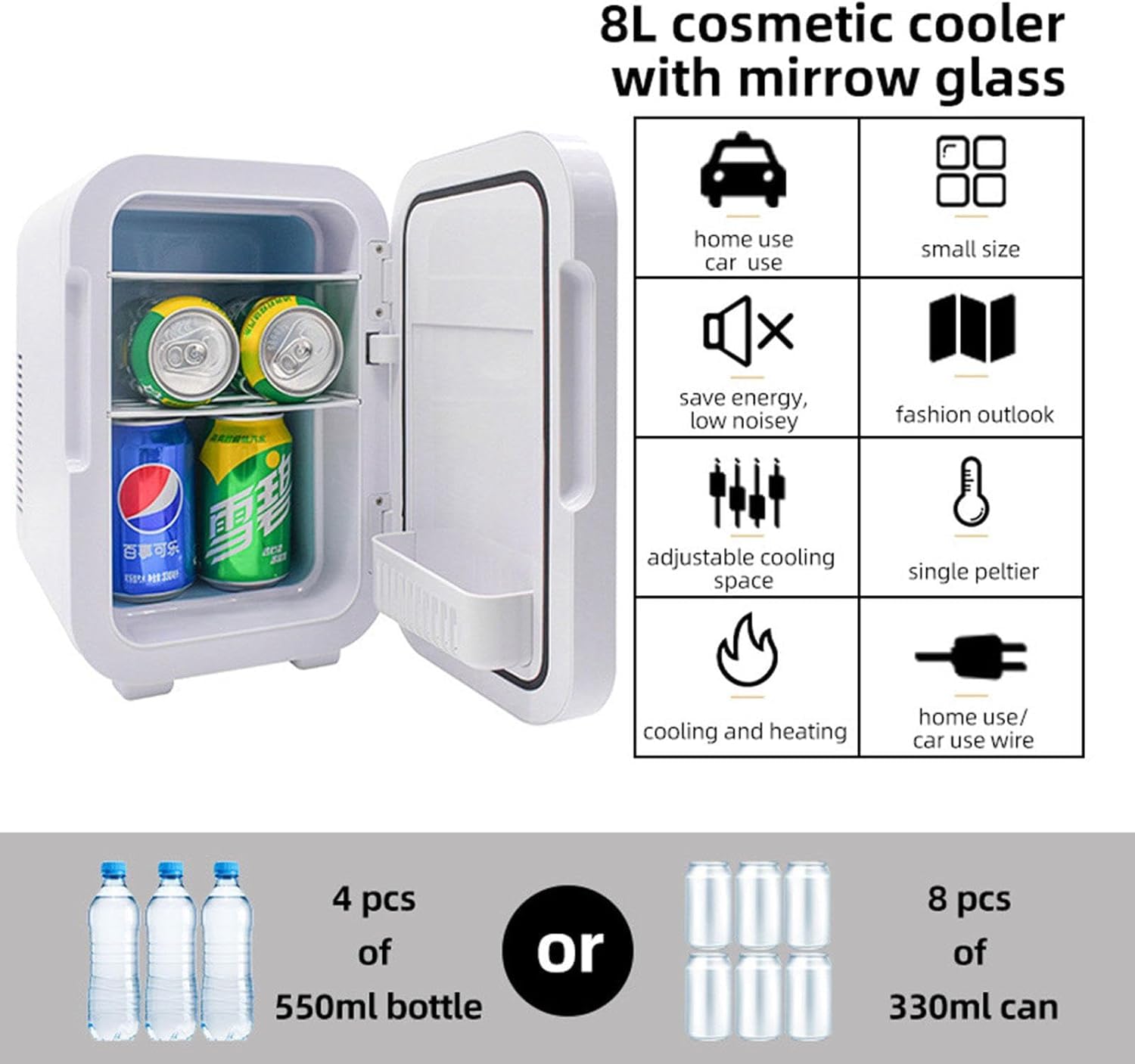 Mini Frigorifero con Specchio LED (8 Litri/8 lattine) Frigo Portatile Skiare da 12 V, Frigorifero e scaldavivande per Regalo di Natale, Sci, Bevande, Cibo, casa, Ufficio e Auto