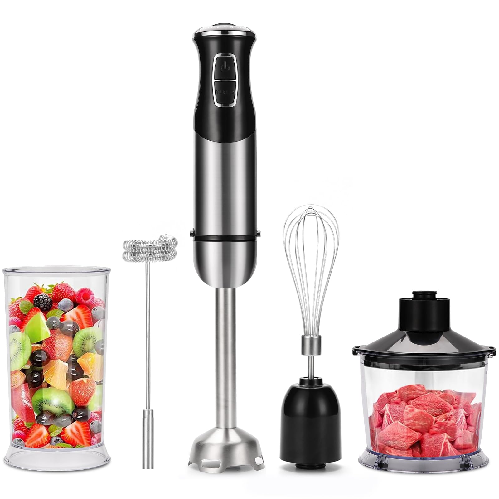 Hand Blender, Multifunctional 1000W 5-in-1 Stick Mixer, 21-Speed, Stainless Steel, Titanium Plated Blade, includes 600ml Mixing Beaker, 860ml Chopper, Whisk Milk Frother Attachment