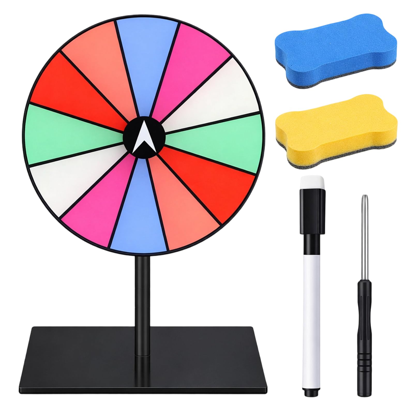 Lizricona Spinning Prize Wheel 12-Slot with Square Base, Spin the Wheel with Stand Set Includes Marker and Eraser, 6 Colorful Sections Tabletop Use for Parties Classroom Games and Promotional Events