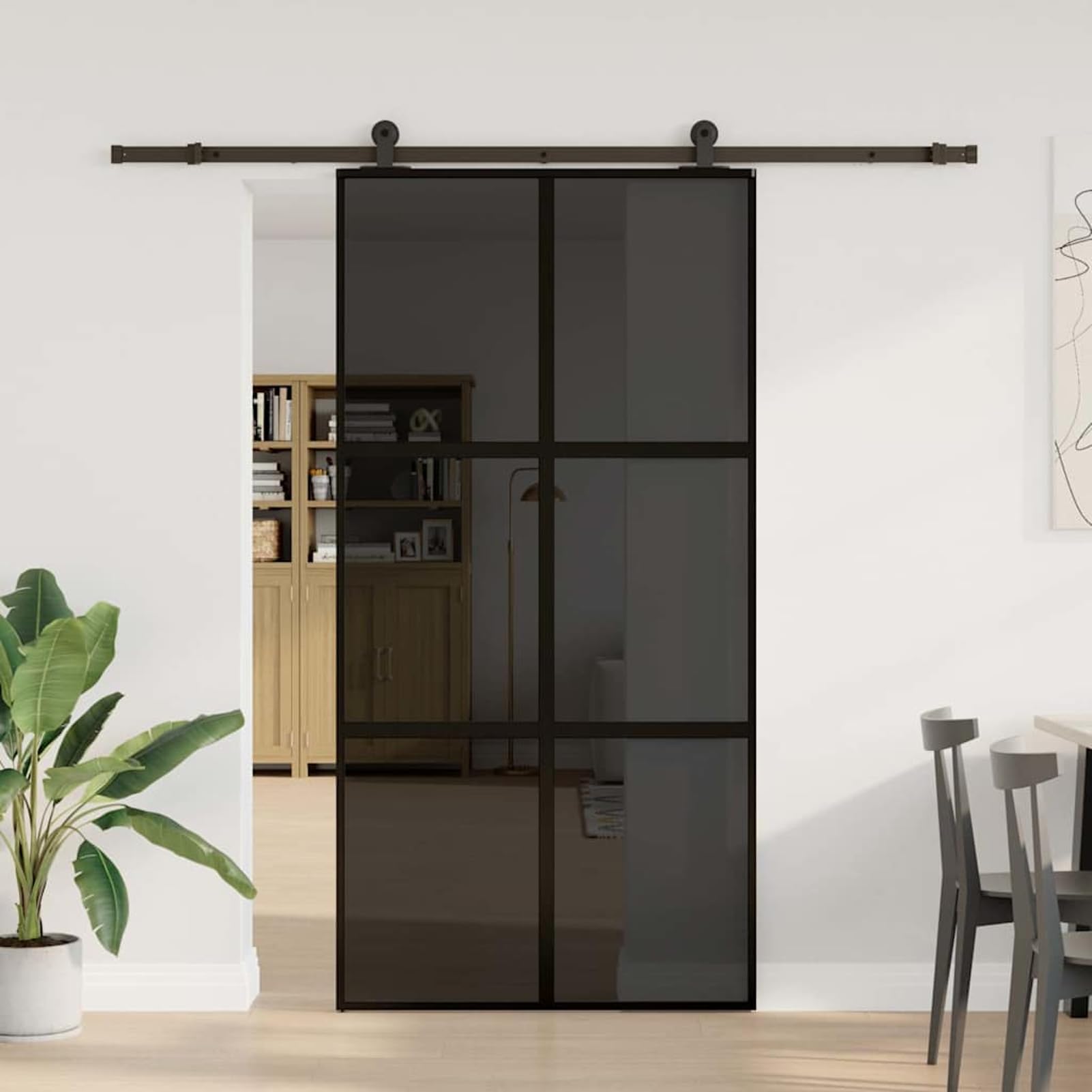 Drzwi przesuwne z hartowanego szkła i aluminium 102,5 x 205 cm – czarne/ciemnoprzezroczyste, grubość szkła 5 mm, z pionową linią, do nowoczesnych drzwi wewnętrznych