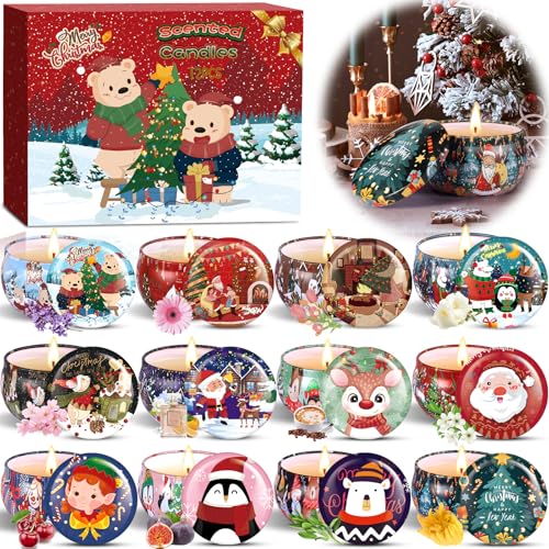 HYOJCWU Candle Candele Profumate Regalo di Natale 12 pezzi Candele Set per Aromaterapia Candela Aromatica di cera di soia naturale con coperchio, Decora il Natale, Regalo per Donna, Mamma, Amici