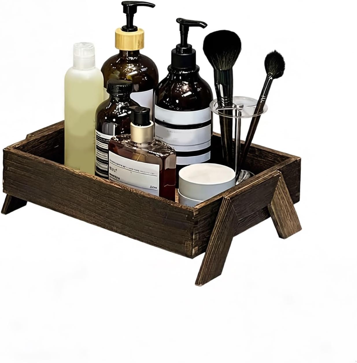 Wooden Bathroom Tray Dark Brown with Holder for Toiletry Bottles and Brush Cup Minimalist Vanity Organizer Home Decor