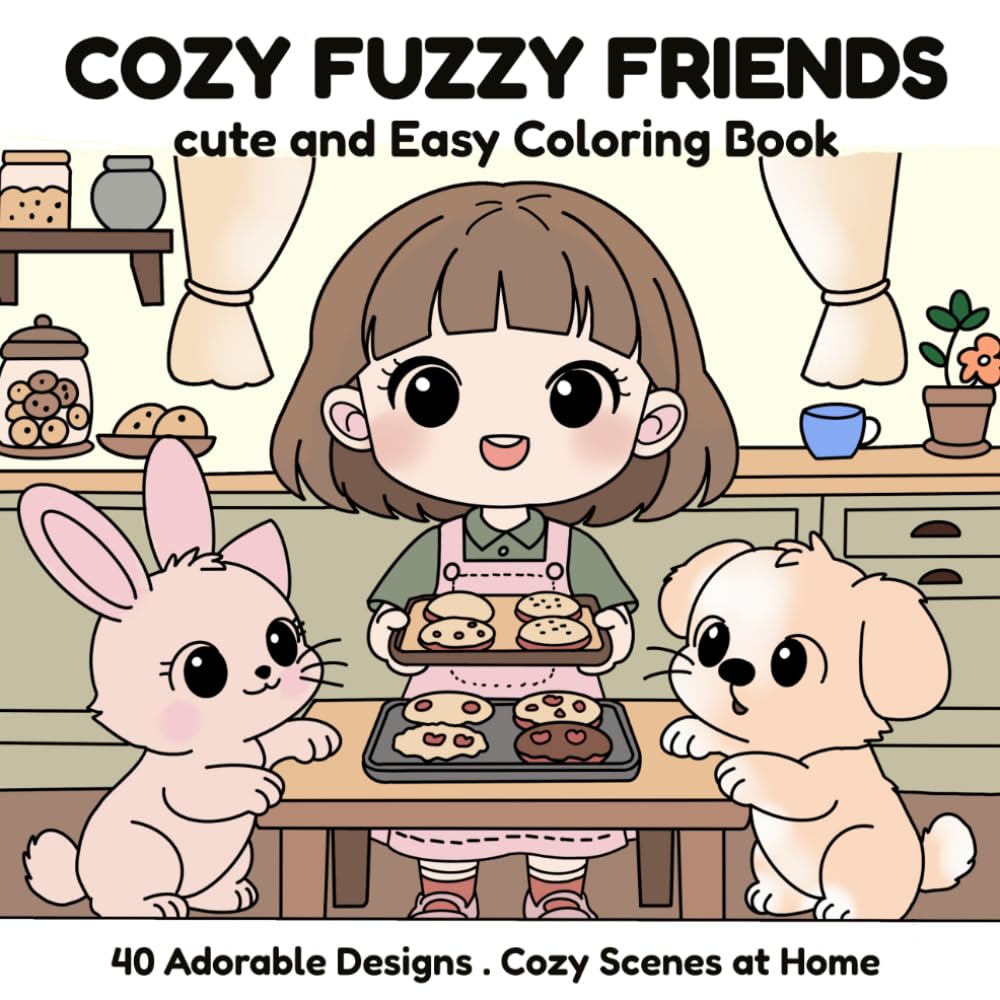 Cozy Fuzzy Friends: Cute and Easy Coloring Book for Adults and Teens Featuring Relaxing Cozy Home Moments with Adorable Fuzzy Animal Friends