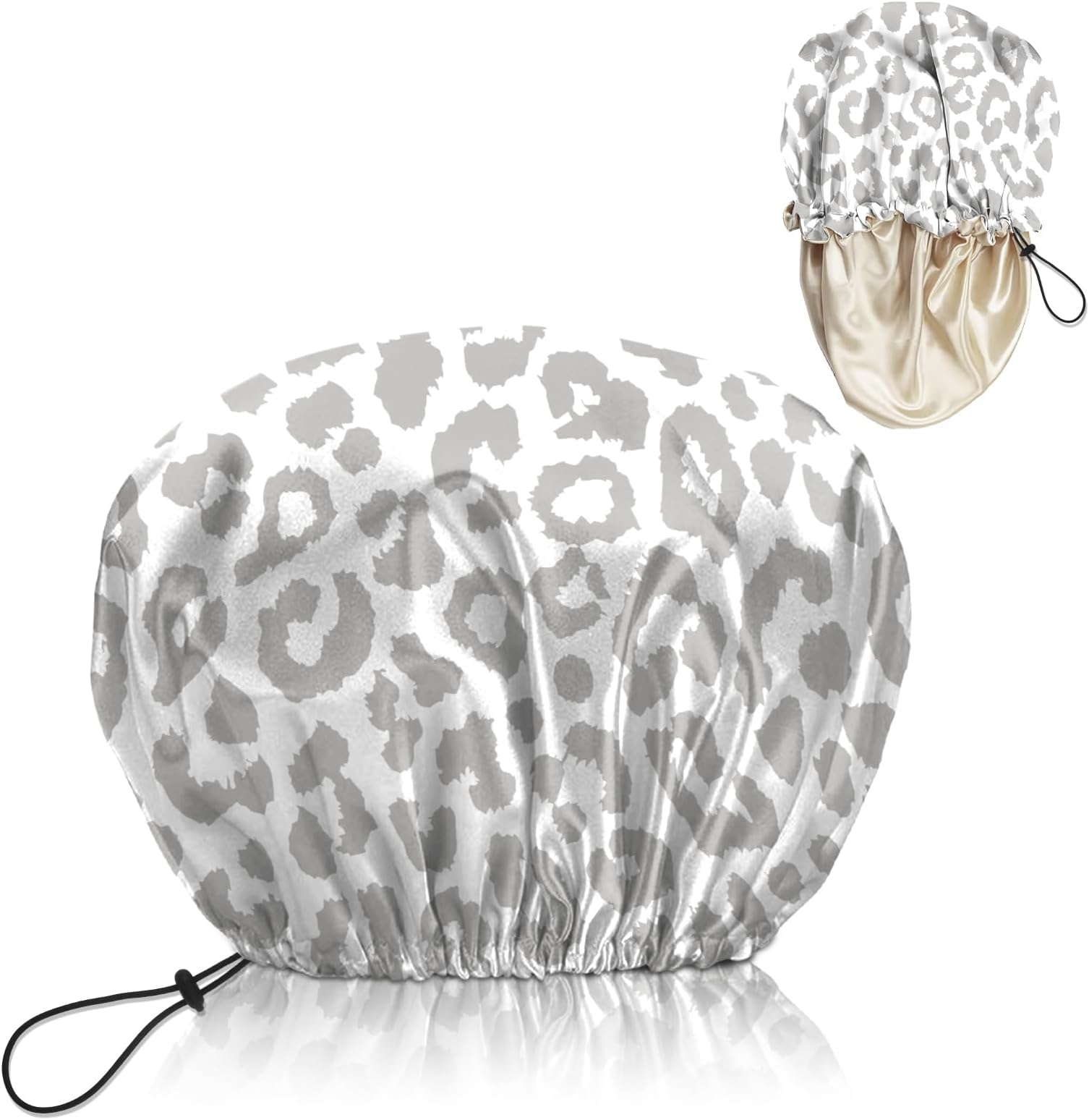 Luxury Shower Cap Reusable Waterproof Double Layer Elastic Adjustable Satin Lined Hair Bath Cap Cute Aesthetic Women Girls (W11-White Leopard)