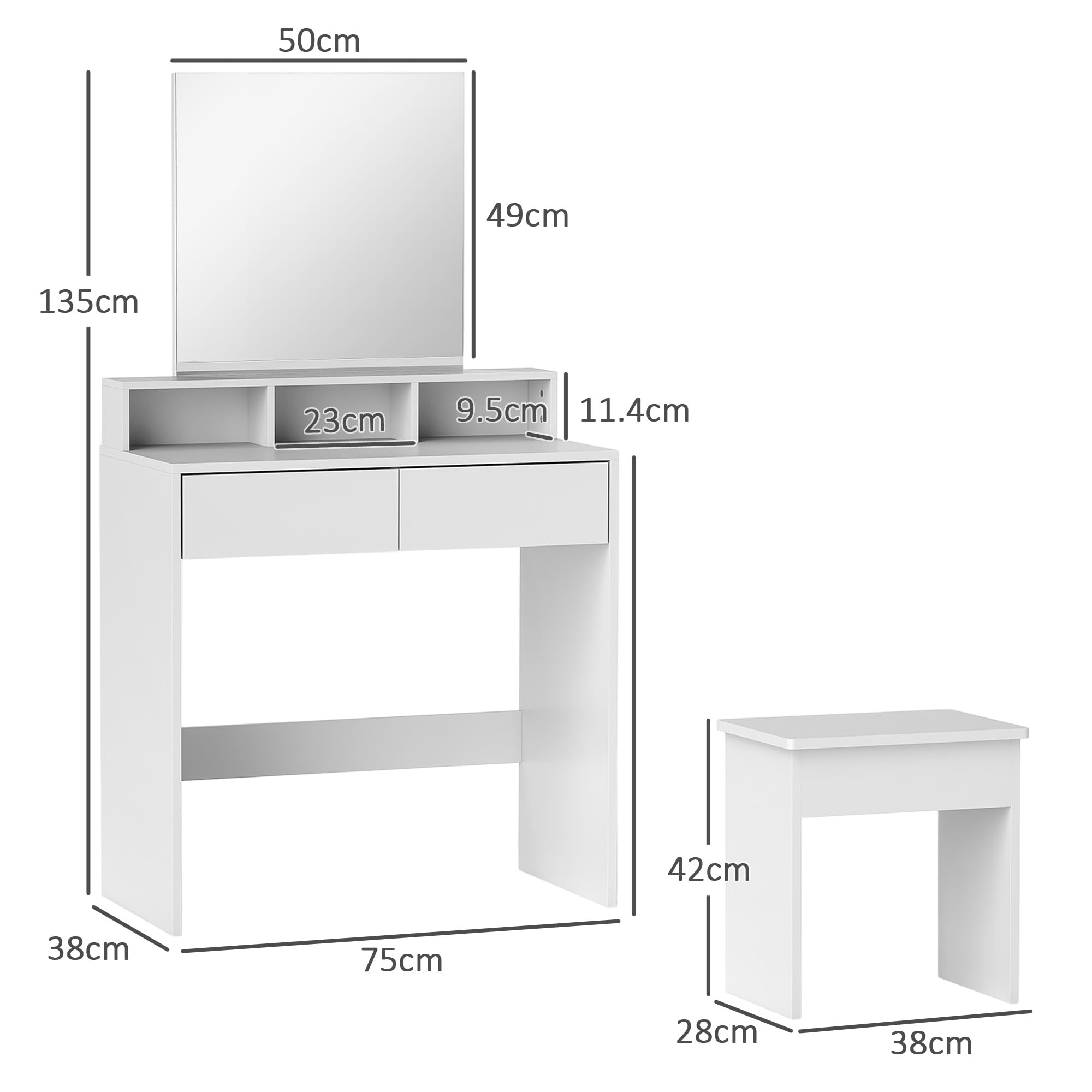 HOMCOM Postazione Trucco con Sgabello, Tavolo da Trucco con Specchio, 3 Ripiani, 2 Cassetti, Toeletta Trucco Moderno in Legno per Camera da Letto, 75x38x135 cm, Bianco